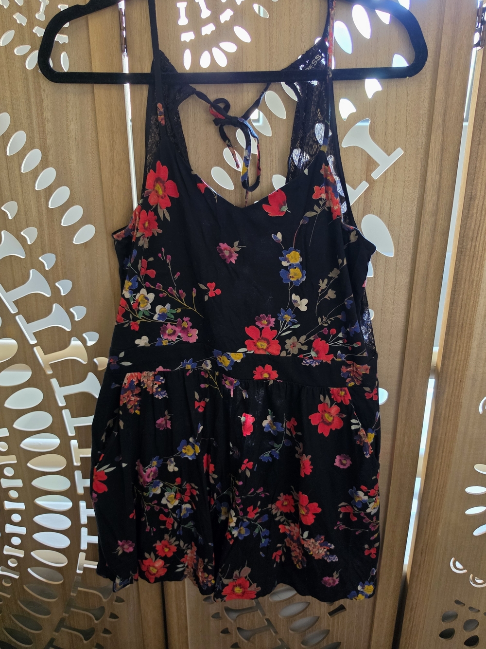 Express Black Floral Mini Romper with Lace Back Tie